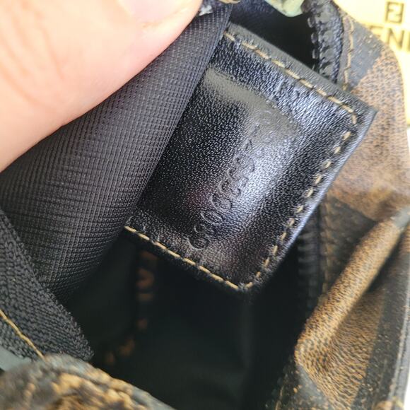 Fendi Plaid Nylon Small Bag Pouch Vintage Handbag Zip Italian Brown Logo - Picture 9 of 10